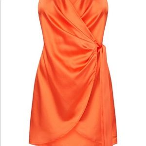 orange satin halterneck wrap bodycon dress